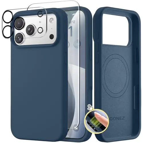 GONEZ Magnetic for iPhone 17 Pro Case, Compatible with MagSafe, [Screen Protector + Camera Lens Protector], Liquid Silicone Anti-Scratch Shockproof Protective Phone Case 6.3 inch, Dark Blue 