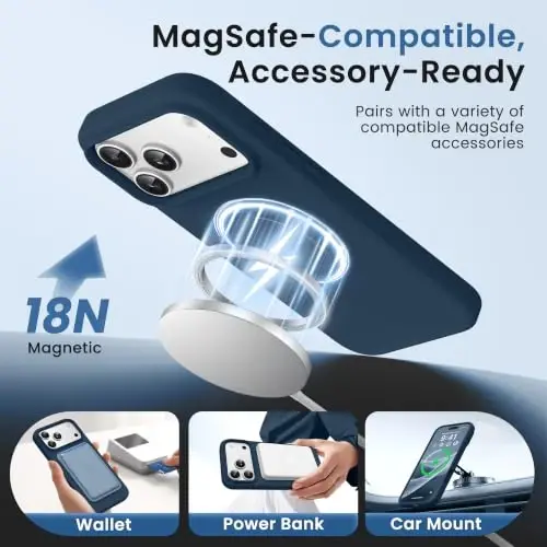 GONEZ Magnetic for iPhone 17 Pro Case, [Compatible with MagSafe] Anti-Scratch Microfiber Lining & Screen Protector, Silicone Camera Control, Shockproof Slim Phone Cover 6.3 inch, Dark Blue - 2