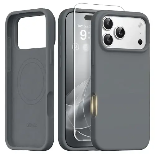 GONEZ Magnetic for iPhone 17 Pro Case, [Compatible with MagSafe] Anti-Scratch Microfiber Lining & Screen Protector, Silicone Camera Control, Shockproof Slim Phone Cover 6.3 inch, Dark Grey - GONEZ