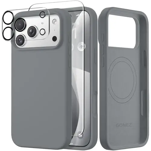 GONEZ Magnetic for iPhone 17 Pro Case, Compatible with MagSafe, [Screen Protector + Camera Lens Protector], Liquid Silicone Anti-Scratch Shockproof Protective Phone Case 6.3 inch, Dark Grey - GONEZ