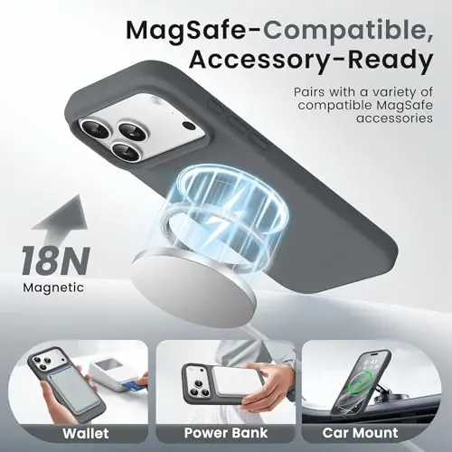 GONEZ Magnetic for iPhone 17 Pro Case, [Compatible with MagSafe] Anti-Scratch Microfiber Lining & Screen Protector, Silicone Camera Control, Shockproof Slim Phone Cover 6.3 inch, Dark Grey 