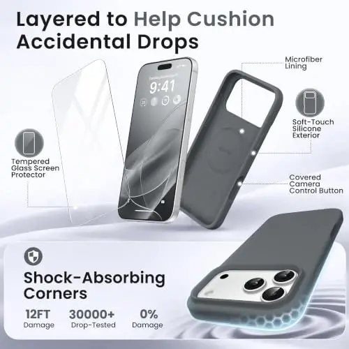 GONEZ Magnetic for iPhone 17 Pro Case, [Compatible with MagSafe] Anti-Scratch Microfiber Lining & Screen Protector, Silicone Camera Control, Shockproof Slim Phone Cover 6.3 inch, Dark Grey - 4