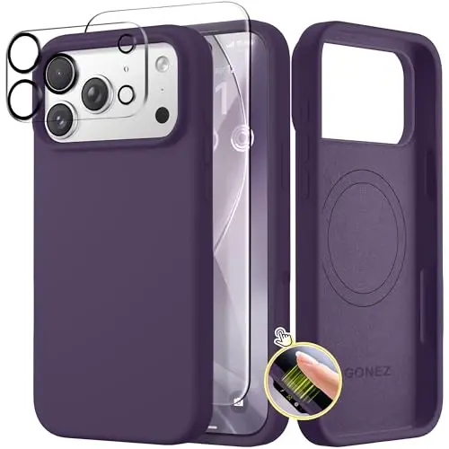 GONEZ Magnetic for iPhone 17 Pro Case, Compatible with MagSafe, [Screen Protector + Camera Lens Protector], Liquid Silicone Anti-Scratch Shockproof Protective Phone Case 6.3 inch, Deep Purple 