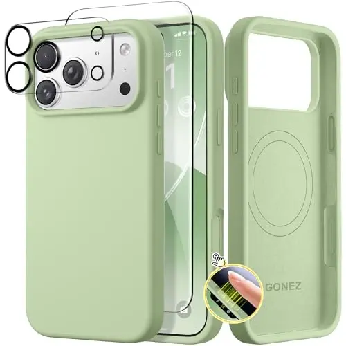 GONEZ Magnetic for iPhone 17 Pro Case, Compatible with MagSafe, [Screen Protector + Camera Lens Protector], Liquid Silicone Anti-Scratch Shockproof Protective Phone Case 6.3 inch, Green - 1
