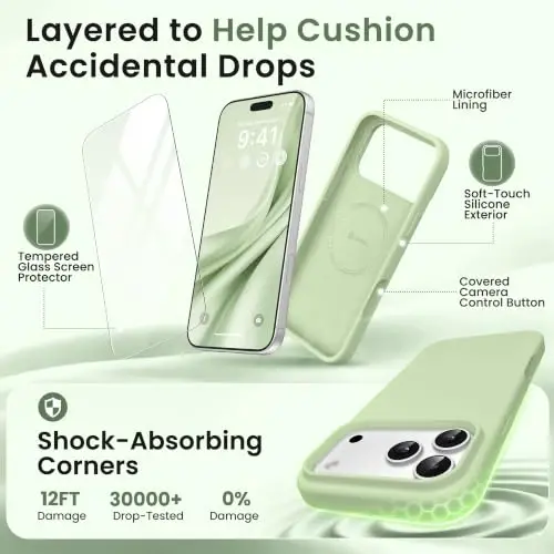 GONEZ Magnetic for iPhone 17 Pro Case, [Compatible with MagSafe] Anti-Scratch Microfiber Lining & Screen Protector, Silicone Camera Control, Shockproof Slim Phone Cover 6.3 inch, Green - 4