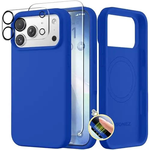 GONEZ Magnetic for iPhone 17 Pro Case, Compatible with MagSafe, [Screen Protector + Camera Lens Protector], Liquid Silicone Anti-Scratch Shockproof Protective Phone Case 6.3 inch, Klein Blue - GONEZ