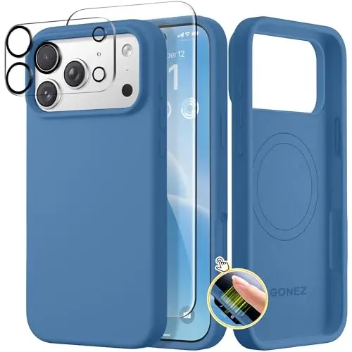GONEZ Magnetic for iPhone 17 Pro Case, Compatible with MagSafe, [Screen Protector + Camera Lens Protector], Liquid Silicone Anti-Scratch Shockproof Protective Phone Case 6.3 inch, Lake Blue 
