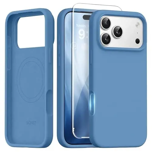 GONEZ Magnetic for iPhone 17 Pro Case, [Compatible with MagSafe] Anti-Scratch Microfiber Lining & Screen Protector, Silicone Camera Control, Shockproof Slim Phone Cover 6.3 inch, Lake Blue 