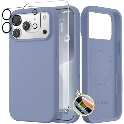 GONEZ Magnetic for iPhone 17 Pro Case, Compatible with MagSafe, [Screen Protector + Camera Lens Protector], Liquid Silicone Anti-Scratch Shockproof Protective Phone Case 6.3 inch, Lavender Gray 