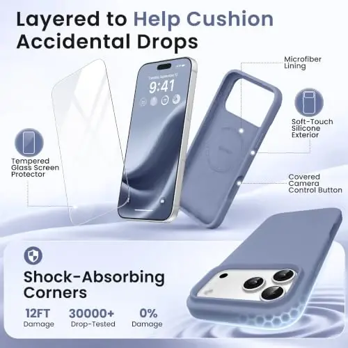 GONEZ Magnetic for iPhone 17 Pro Case, [Compatible with MagSafe] Anti-Scratch Microfiber Lining & Screen Protector, Silicone Camera Control, Shockproof Slim Phone Cover 6.3 inch, Lavender Gray - 4