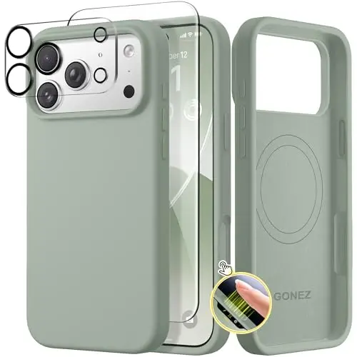 GONEZ Magnetic for iPhone 17 Pro Case, Compatible with MagSafe, [Screen Protector + Camera Lens Protector], Liquid Silicone Anti-Scratch Shockproof Protective Phone Case 6.3 inch, Light Green - GONEZ