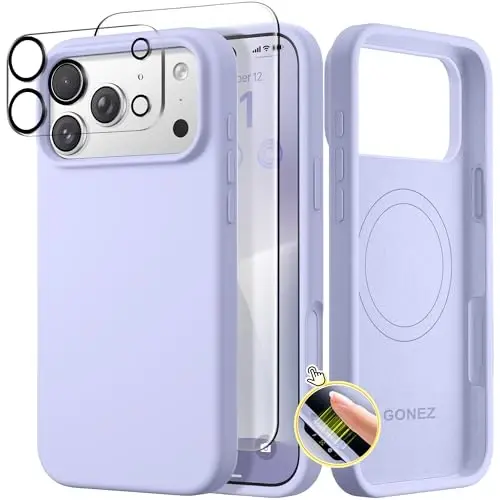 GONEZ Magnetic for iPhone 17 Pro Case, Compatible with MagSafe, [Screen Protector + Camera Lens Protector], Liquid Silicone Anti-Scratch Shockproof Protective Phone Case 6.3 inch, Lilac - 1