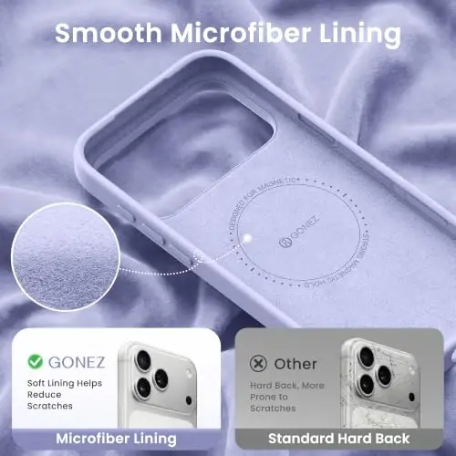 GONEZ Magnetic for iPhone 17 Pro Case, [Compatible with MagSafe] Anti-Scratch Microfiber Lining & Screen Protector, Silicone Camera Control, Shockproof Slim Phone Cover 6.3 inch, Lilac - 5
