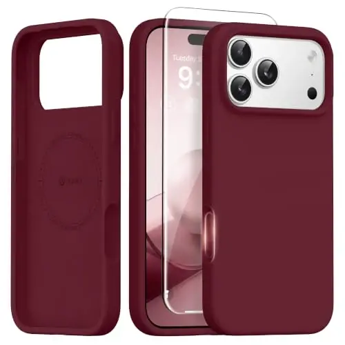 GONEZ Magnetic for iPhone 17 Pro Case, [Compatible with MagSafe] Anti-Scratch Microfiber Lining & Screen Protector, Silicone Camera Control, Shockproof Slim Phone Cover 6.3 inch, Maroon 