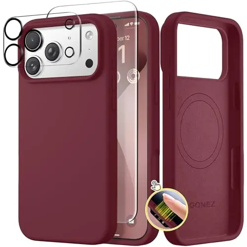 GONEZ Magnetic for iPhone 17 Pro Case, Compatible with MagSafe, [Screen Protector + Camera Lens Protector], Liquid Silicone Anti-Scratch Shockproof Protective Phone Case 6.3 inch, Maroon - 1