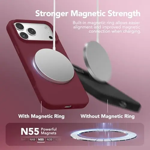 GONEZ Magnetic for iPhone 17 Pro Case, Compatible with MagSafe, [Screen Protector + Camera Lens Protector], Liquid Silicone Anti-Scratch Shockproof Protective Phone Case 6.3 inch, Maroon - 3