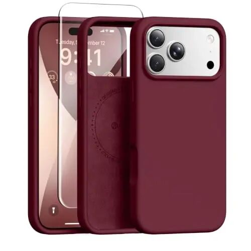 GONEZ Magnetic for iPhone 17 Pro Case, Silicone Cover Maroon | Compatible with MagSafe, Camera Button & Screen Protector, Microfiber Lining, 3 Layers Soft Gel Rubber Shockproof Slim 6.3