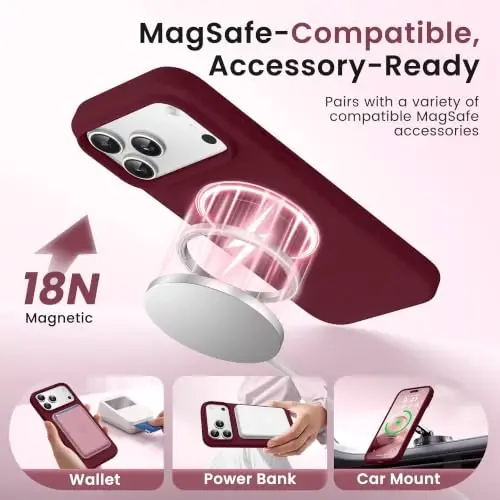 GONEZ Magnetic for iPhone 17 Pro Case, Silicone Cover Maroon | Compatible with MagSafe, Camera Button & Screen Protector, Microfiber Lining, 3 Layers Soft Gel Rubber Shockproof Slim 6.3