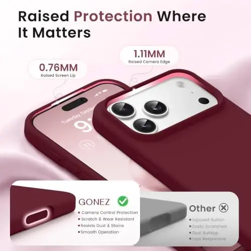 GONEZ Magnetic for iPhone 17 Pro Case, Silicone Cover Maroon | Compatible with MagSafe, Camera Button & Screen Protector, Microfiber Lining, 3 Layers Soft Gel Rubber Shockproof Slim 6.3