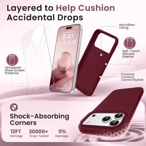 GONEZ Magnetic for iPhone 17 Pro Case, Silicone Cover Maroon | Compatible with MagSafe, Camera Button & Screen Protector, Microfiber Lining, 3 Layers Soft Gel Rubber Shockproof Slim 6.3