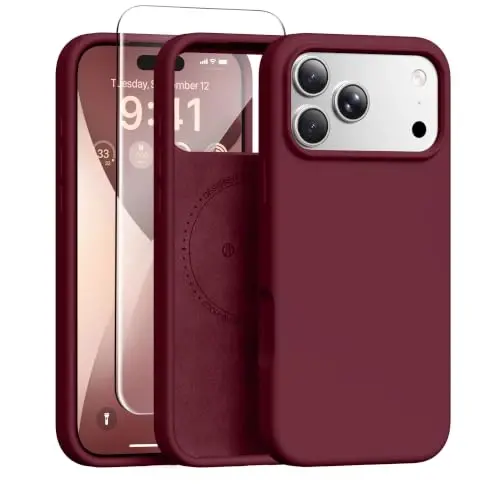 GONEZ Magnetic for iPhone 17 Pro Case, Silicone Cover Maroon | Compatible with MagSafe, Camera Button & Screen Protector, Microfiber Lining, 3 Layers Soft Gel Rubber Shockproof Slim 6.3