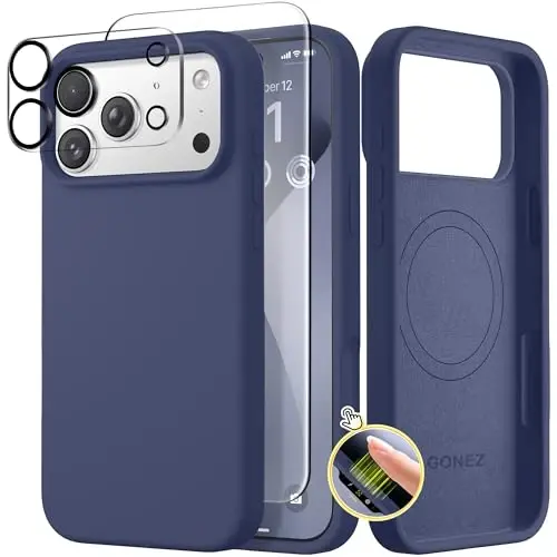 GONEZ Magnetic for iPhone 17 Pro Case, Compatible with MagSafe, [Screen Protector + Camera Lens Protector], Liquid Silicone Anti-Scratch Shockproof Protective Phone Case 6.3 inch, Midnight Blue - GONEZ