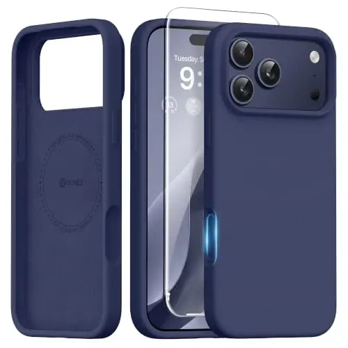 GONEZ Magnetic for iPhone 17 Pro Case, [Compatible with MagSafe] Anti-Scratch Microfiber Lining & Screen Protector, Silicone Camera Control, Shockproof Slim Phone Cover 6.3 inch, Midnight Blue 