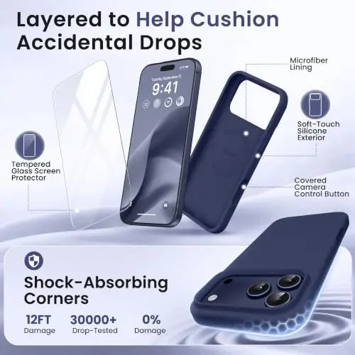 GONEZ Magnetic for iPhone 17 Pro Case, [Compatible with MagSafe] Anti-Scratch Microfiber Lining & Screen Protector, Silicone Camera Control, Shockproof Slim Phone Cover 6.3 inch, Midnight Blue - 4