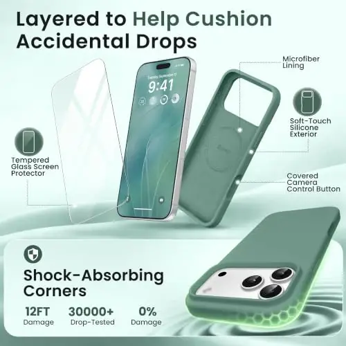 GONEZ Magnetic for iPhone 17 Pro Case, [Compatible with MagSafe] Anti-Scratch Microfiber Lining & Screen Protector, Silicone Camera Control, Shockproof Slim Phone Cover 6.3 inch, Midnight Green - 4