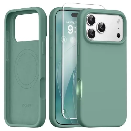 GONEZ Magnetic for iPhone 17 Pro Case, [Compatible with MagSafe] Anti-Scratch Microfiber Lining & Screen Protector, Silicone Camera Control, Shockproof Slim Phone Cover 6.3 inch, Midnight Green - 1
