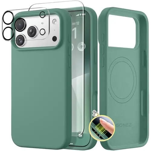 GONEZ Magnetic for iPhone 17 Pro Case, Compatible with MagSafe, [Screen Protector + Camera Lens Protector], Liquid Silicone Anti-Scratch Shockproof Protective Phone Case 6.3 inch, Midnight Green - 1