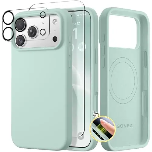 GONEZ Magnetic for iPhone 17 Pro Case, Compatible with MagSafe, [Screen Protector + Camera Lens Protector], Liquid Silicone Anti-Scratch Shockproof Protective Phone Case 6.3 inch, Mint Green - GONEZ