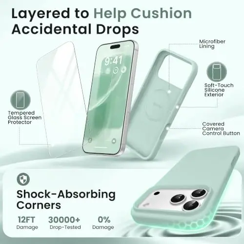 GONEZ Magnetic for iPhone 17 Pro Case, [Compatible with MagSafe] Anti-Scratch Microfiber Lining & Screen Protector, Silicone Camera Control, Shockproof Slim Phone Cover 6.3 inch, Mint Green - 4