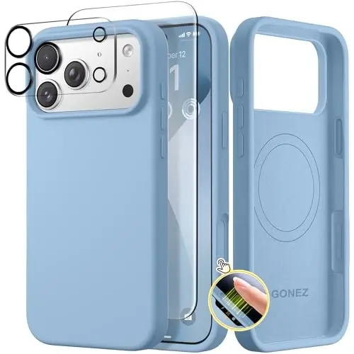 GONEZ Magnetic for iPhone 17 Pro Case, Compatible with MagSafe, [Screen Protector + Camera Lens Protector], Liquid Silicone Anti-Scratch Shockproof Protective Phone Case 6.3 inch, Mist Blue 