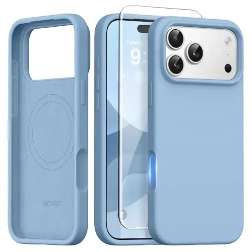 GONEZ Magnetic for iPhone 17 Pro Case, [Compatible with MagSafe] Anti-Scratch Microfiber Lining & Screen Protector, Silicone Camera Control, Shockproof Slim Phone Cover 6.3 inch, Mist Blue - 1