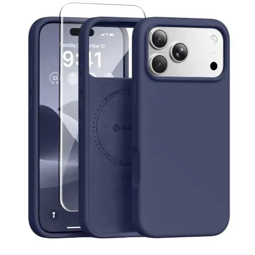 GONEZ Magnetic for iPhone 17 Pro Case, Silicone Cover Navy Blue | Compatible with MagSafe, Camera Button & Screen Protector, Microfiber Lining, 3 Layers Soft Gel Rubber Shockproof Slim 6.3