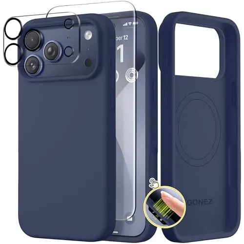 GONEZ Magnetic for iPhone 17 Pro Case, Compatible with MagSafe, [Screen Protector + Camera Lens Protector], Liquid Silicone Anti-Scratch Shockproof Protective Phone Case 6.3 inch, Navy Blue 