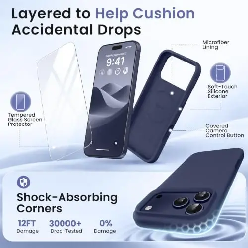 GONEZ Magnetic for iPhone 17 Pro Case, [Compatible with MagSafe] Anti-Scratch Microfiber Lining & Screen Protector, Silicone Camera Control, Shockproof Slim Phone Cover 6.3 inch, Navy Blue - 4