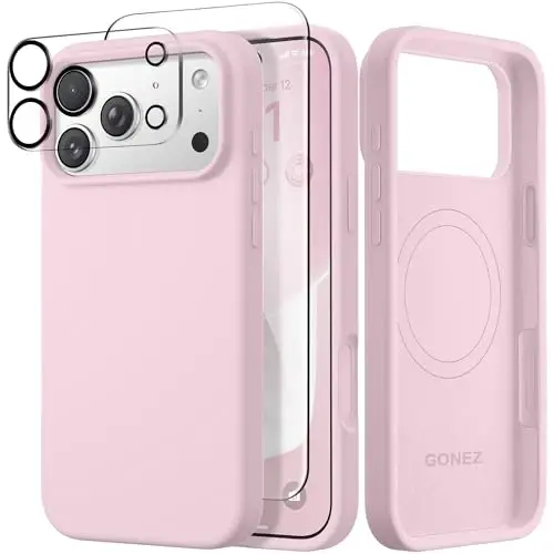 GONEZ Magnetic for iPhone 17 Pro Case, Compatible with MagSafe, [Screen Protector + Camera Lens Protector], Liquid Silicone Anti-Scratch Shockproof Protective Phone Case 6.3 inch, Pastel Pink 