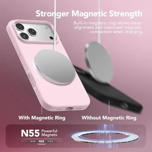GONEZ Magnetic for iPhone 17 Pro Case, Compatible with MagSafe, [Screen Protector + Camera Lens Protector], Liquid Silicone Anti-Scratch Shockproof Protective Phone Case 6.3 inch, Pastel Pink - 3