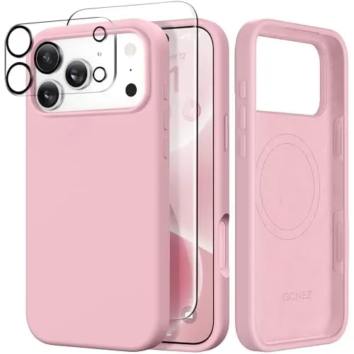GONEZ Magnetic for iPhone 17 Pro Case, Compatible with MagSafe, [Screen Protector + Camera Lens Protector], Liquid Silicone Anti-Scratch Shockproof Protective Phone Case 6.3 inch, Peach Pink 