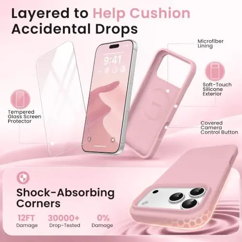 GONEZ Magnetic for iPhone 17 Pro Case, [Compatible with MagSafe] Anti-Scratch Microfiber Lining & Screen Protector, Silicone Camera Control, Shockproof Slim Phone Cover 6.3 inch, Peach Pink - 4