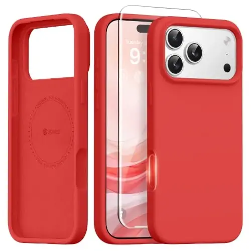GONEZ Magnetic for iPhone 17 Pro Case, [Compatible with MagSafe] Anti-Scratch Microfiber Lining & Screen Protector, Silicone Camera Control, Shockproof Slim Phone Cover 6.3 inch, Red - GONEZ
