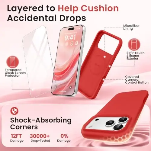 GONEZ Magnetic for iPhone 17 Pro Case, [Compatible with MagSafe] Anti-Scratch Microfiber Lining & Screen Protector, Silicone Camera Control, Shockproof Slim Phone Cover 6.3 inch, Red - 4