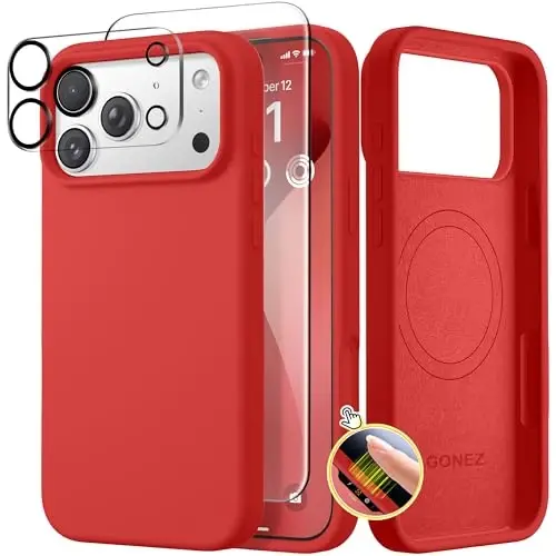 GONEZ Magnetic for iPhone 17 Pro Case, Compatible with MagSafe, [Screen Protector + Camera Lens Protector], Liquid Silicone Anti-Scratch Shockproof Protective Phone Case 6.3 inch, Red 