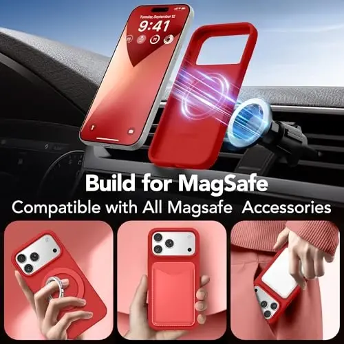 GONEZ Magnetic for iPhone 17 Pro Case, Compatible with MagSafe, [Screen Protector + Camera Lens Protector], Liquid Silicone Anti-Scratch Shockproof Protective Phone Case 6.3 inch, Red - 4