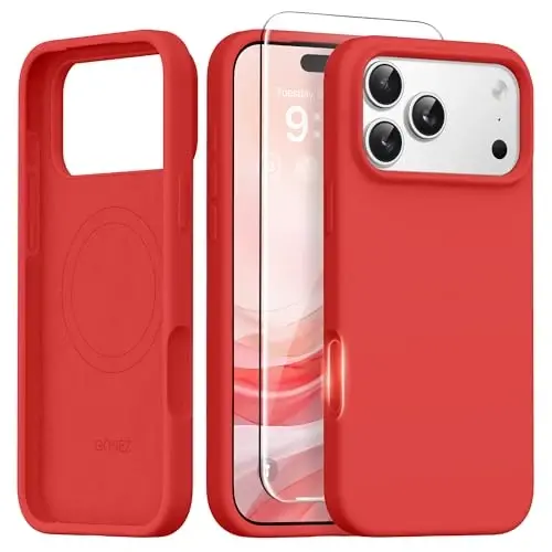 GONEZ Magnetic for iPhone 17 Pro Case, [Compatible with MagSafe] Anti-Scratch Microfiber Lining & Screen Protector, Silicone Camera Control, Shockproof Slim Phone Cover 6.3 inch, Red 