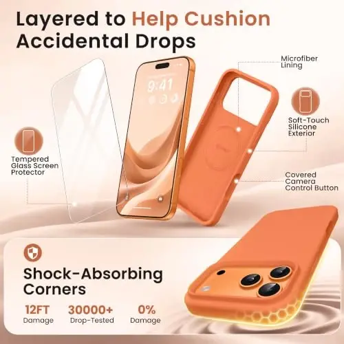 GONEZ Magnetic for iPhone 17 Pro Case, Silicone Cover Starry Orange | Compatible with MagSafe, Camera Button & Screen Protector, Microfiber Lining, 3 Layers Soft Gel Rubber Shockproof Slim 6.3