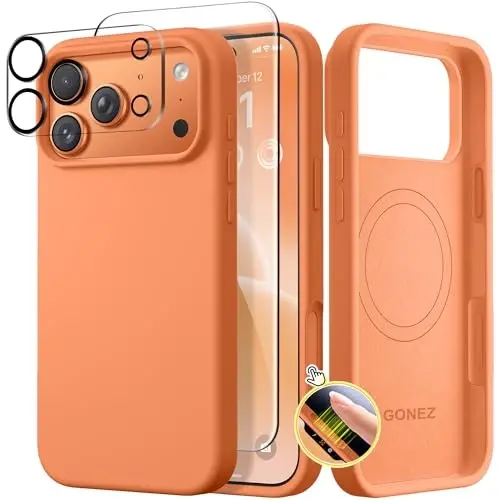 GONEZ Magnetic for iPhone 17 Pro Case, Compatible with MagSafe, [Screen Protector + Camera Lens Protector], Liquid Silicone Anti-Scratch Shockproof Protective Phone Case 6.3 inch, Starry Orange 