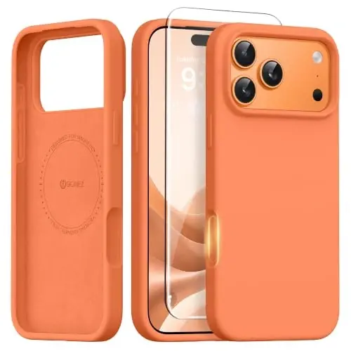 GONEZ Magnetic for iPhone 17 Pro Case, [Compatible with MagSafe] Anti-Scratch Microfiber Lining & Screen Protector, Silicone Camera Control, Shockproof Slim Phone Cover 6.3 inch, Starry Orange - 1